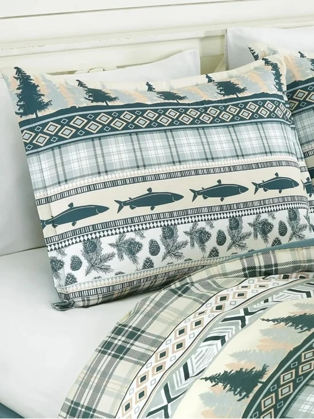 Mountain Lodge Teal & Cream Patterned Queen 3 piece Comforter Set